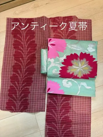 앤티크 여름 오비 나고야 오비 화려한 꽃무늬 은사 직조 나데시코 패랭이꽃