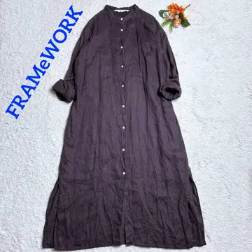 새상품급/프레임워크 린넨 셔츠 원피스 겉옷 밴드 카라 브라운