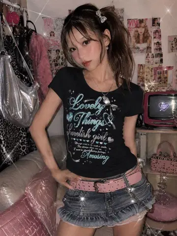 Y2K 하트 로고 T셔츠 히메 갸루 헤이세이 갸루 블랙