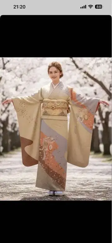 후리소데 베이지 계열 화려한 고전 패턴 성인식
