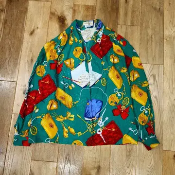 Elegance PARIS 올 패턴 셔츠 ITALY SILK 빈티지 그린
