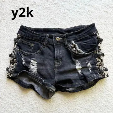 y2k 데님 숏팬츠 레오파드 비쥬 데미지 헤이세이 갸루 S