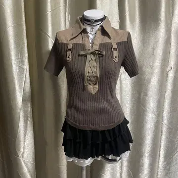 반팔 티셔츠 리브 절개 마 혼방 coquette 헤이세이 갸루 y2k