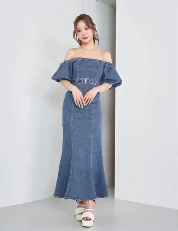 Darich 데님 오프숄더 롱 원피스 블루