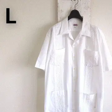 XNT 쿠바 셔츠 L 자수 핀턱 반팔 화이트 서해안 바버