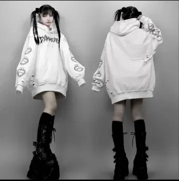 DimMoire 데미지 가공 풀오버 후드티 화이트