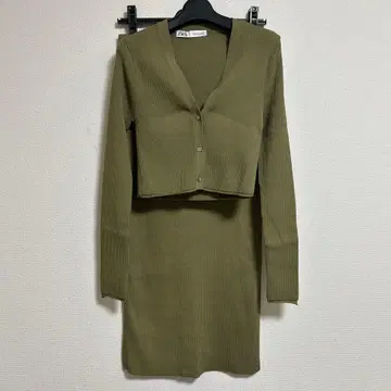 ZARA 리브 니트 가디건 스커트 셋업 자라 카키 M