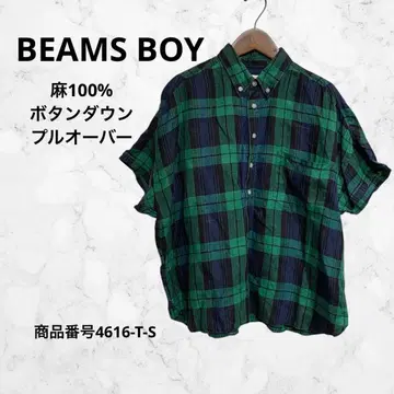 BEAMS BOY 반팔 풀오버 버튼 다운 체크 그린x네이비