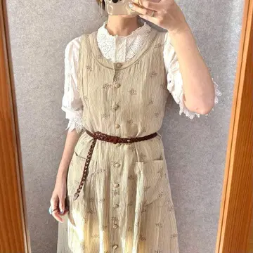 빈티지 레트로 구제 의류 컷워크 자수 원피스 깅엄 체크 슬리브리스