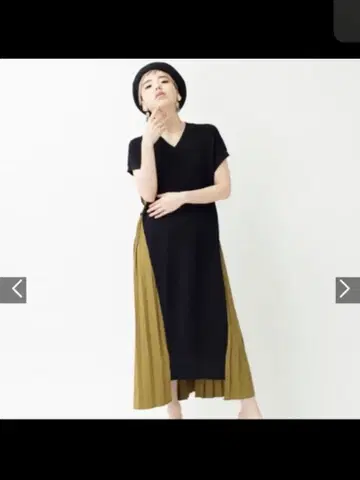 오즈모시스 로프 루 트리코 이소재 롱 원피스 플리츠 반팔 봄/여름