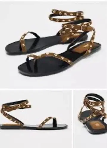 ZARA 스터드 장식 스웨이드 플립플랍 브라운
