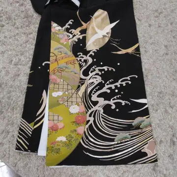 블랙 전통 예복 기모노 학, 파도, 소나무, 국화, 금채, 예복 기모노