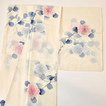 여름 기모노 명주 수채화 수국 순수 실크 크림색 새상품급 화장 65