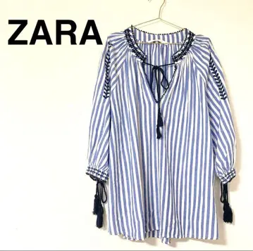 ZARA 자라 스트라이프 자수 블라우스 태슬 튜닉 보헤미안 M