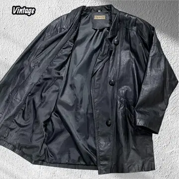 [천연 가죽] 빈티지 소가죽 레더 하프 코트 싸개 단추 블랙 90s