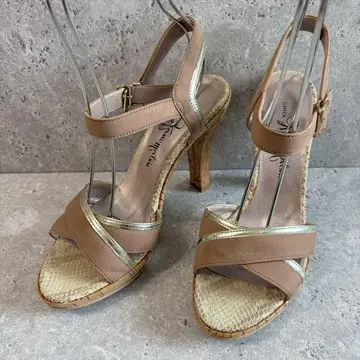 긴자 카네마츠 크로스 스트랩 코르크 힐 샌들 베이지 23cm