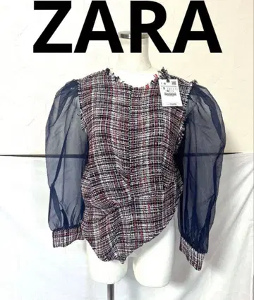 미사용 새상품 ZARA 빨강 흰색 파랑 체크 무늬 시스루 블라우스