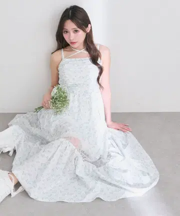 올리브 데 올리브 레이스 절개 롱 원피스 색스 블루