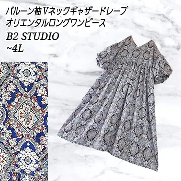 B2 STUDIO 벌룬 소매 V넥 개더 오리엔탈 롱 원피스
