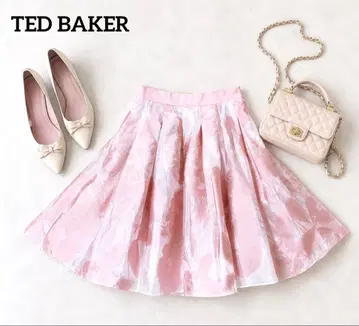새상품 TED BAKER 꽃무늬 자카드 플레어 스커트 핑크 시어 S
