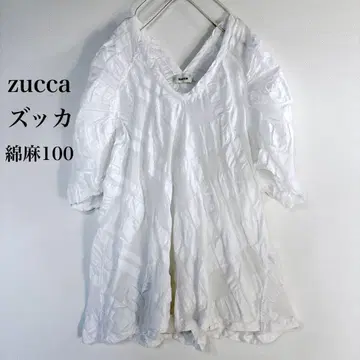 zucca 면린넨 100% V넥 퍼프 슬리브 블라우스 화이트 새상품급