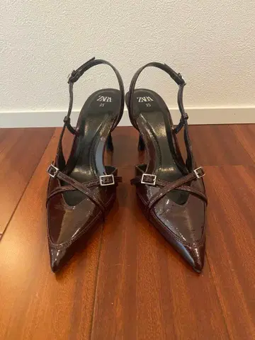 ZARA 패턴트 레더 스타일 슬링백 펌프스 버건디 35
