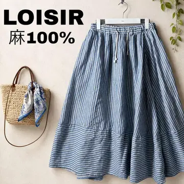 LOISIR 린넨 100% 스트라이프 개더 스커트 플레어 허리밴딩