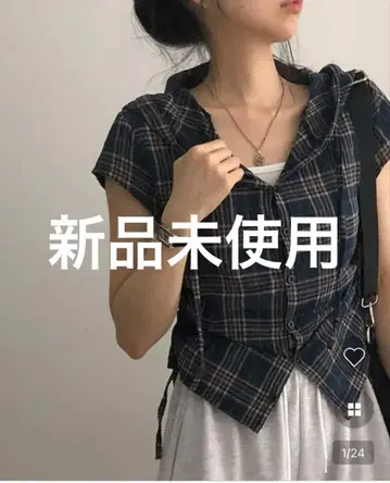 [ nugu ] [ 미사용 새상품 ] 후드 부착 셔링 체크 반팔 셔츠