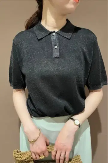 Mila Owen 폴로 카라 라메 시어 니트 반팔
