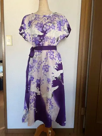 기모노 리메이크 일본풍 패턴 학과 매실 패턴 반팔 원피스 퍼플