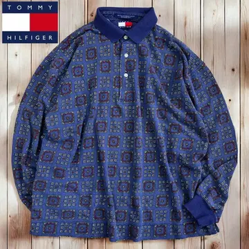04M910 90s TOMMY HILFIGER 기하학 패턴 피케 셔츠 M