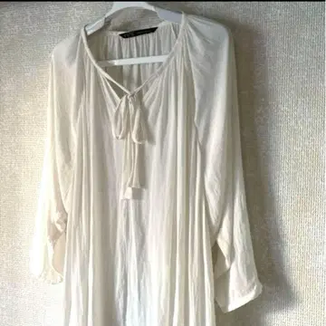 ZARA BASIC 시스루 시어 5부 소매 튜닉 블라우스 화이트