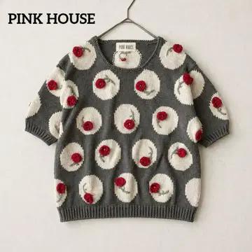 컨디션 최상 PINK HOUSE 반팔 니트 스웨터 그레이 장미 모티브