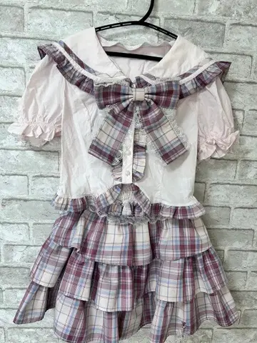 세일러 카라 체크 무늬 스커트 셋업