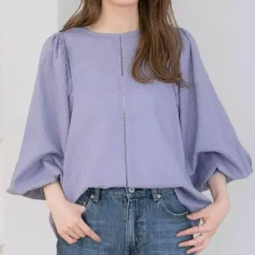 새상품 서니 라벨 퍼프 슬리브 코튼 자카드 블라우스 블루
