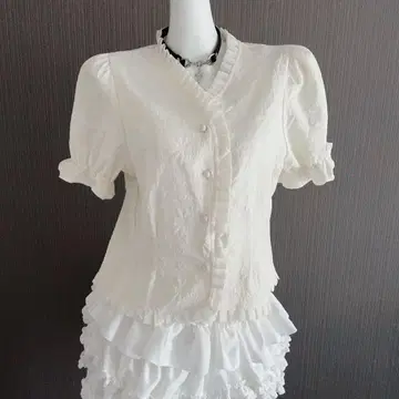 모리걸 00s 화이트 프릴 반팔 블라우스 그런지