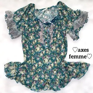 axes femme 꽃무늬 반팔 블라우스 레이스 리본 페미닌 갸루