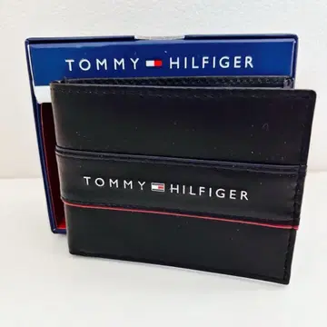 TOMMY HILFIGER 이단 접이식 지갑 블랙 가죽 트리콜로르