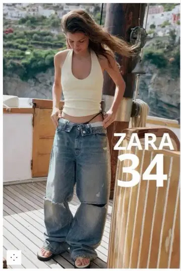 ZARA TRF 접힌 허리 미드 라이즈 데님 팬츠 34
