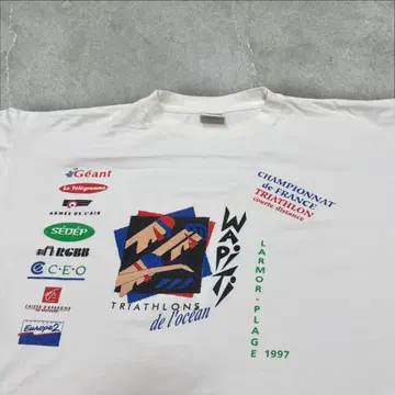 유로 빈티지 트라이애슬론 기업 아트 t셔츠 화이트 XL 짧은 기장