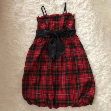 CECIL Mc BEE 빨간색 체크 무늬 슬리브리스 원피스 리본 JSK