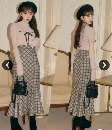 미셸 마카롱 오리지널 체크 무늬 성인 슬림 레그 스커트