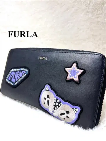 FURLA 훌라 장지갑 라운드 지퍼 고양이 와펜 블랙 가죽