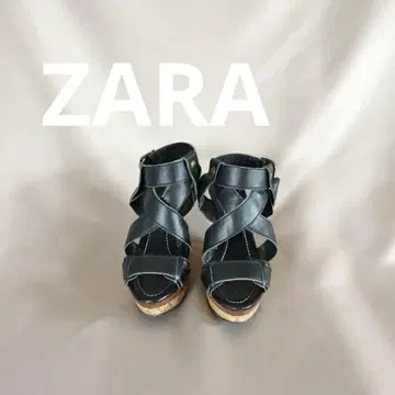 ZARA 가죽 스트랩 샌들 코르크 힐 23.5cm 블랙