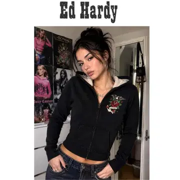 Ed Hardy 에드하디 y2k 후드 부착 블랙 후드티 S