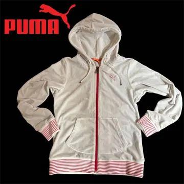 PUMA 푸마 벨로아 지퍼 후드티 M 화이트 x 레드 여성용