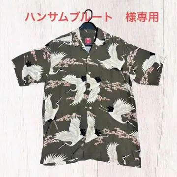 PAIKAJI 일본풍 패턴 하와이안 셔츠 학 벚꽃 카키 M 남성용