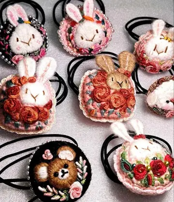 현품 한정 8개 세트 토끼 자수 머리끈 모리걸풍