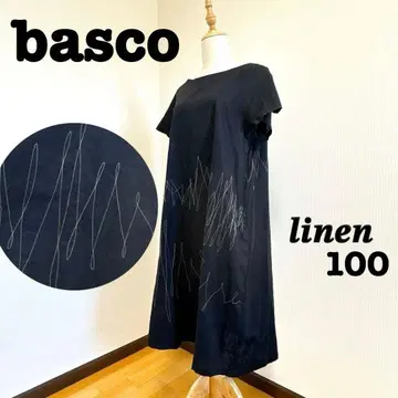 basco 바스코 린넨 자수 원피스 블랙 린넨 반팔 롱
