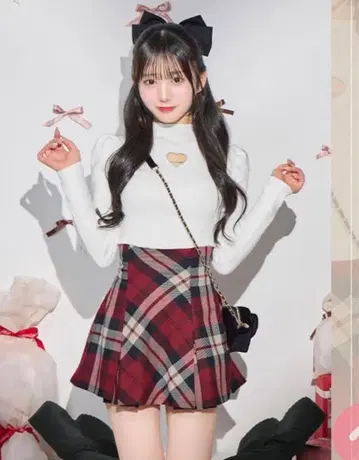 미셸 마카롱 플레어 체크 스커트 레드 FREE 사이즈